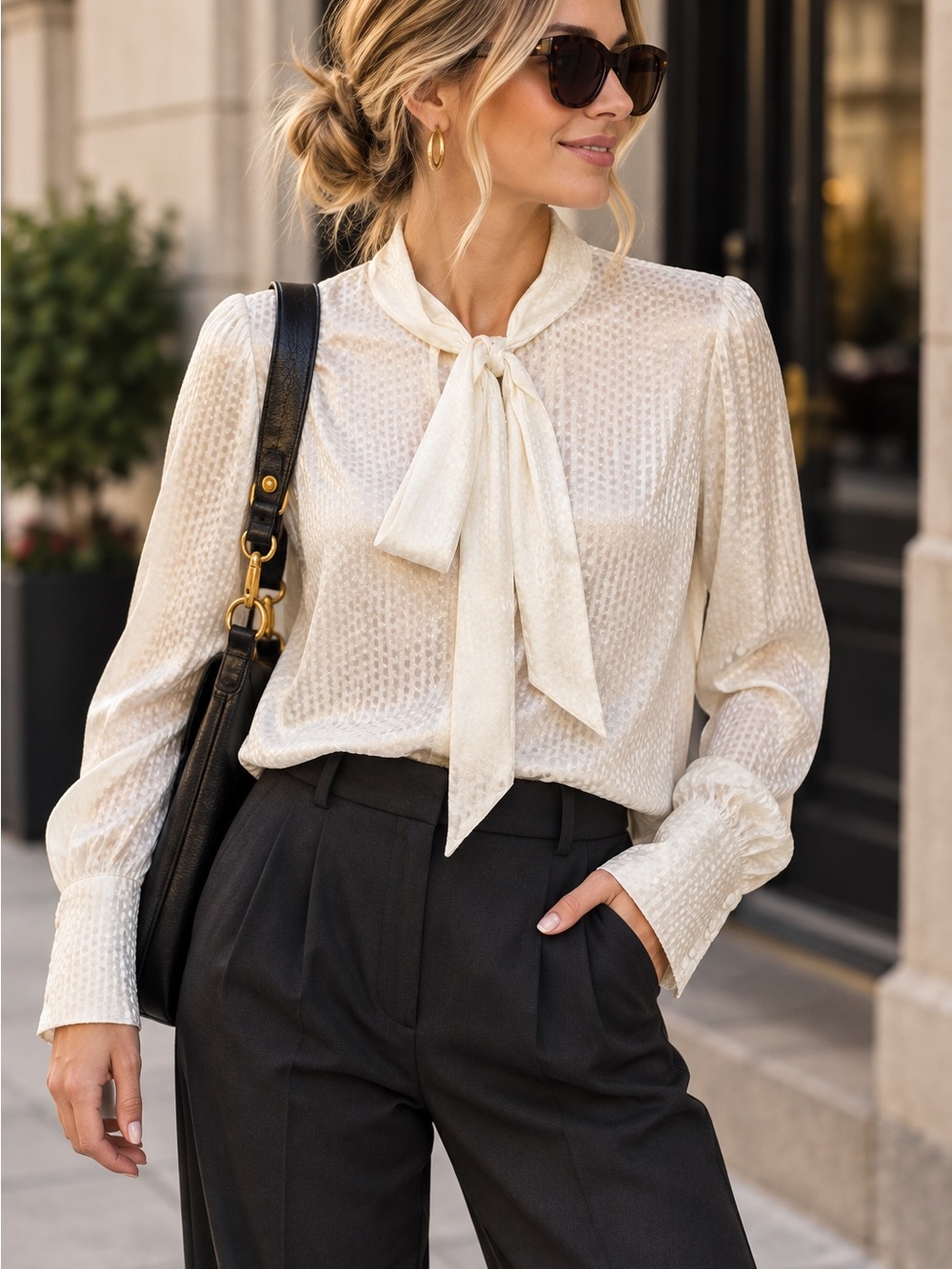 Reiss Adeline Ivory Jacquard Tie Neck Blouse Long Sleeve Size 6